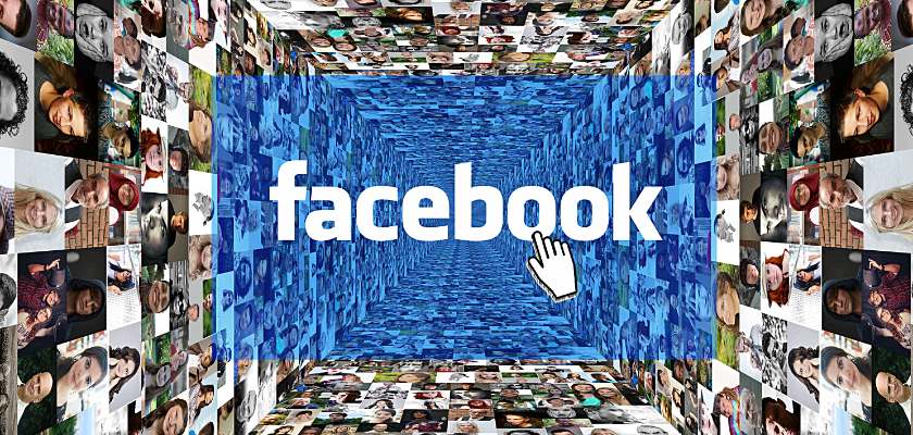 Grande logo (Facebook) al centro e diverse foto profilo di persone come sfondo – 10 strategie di marketing online