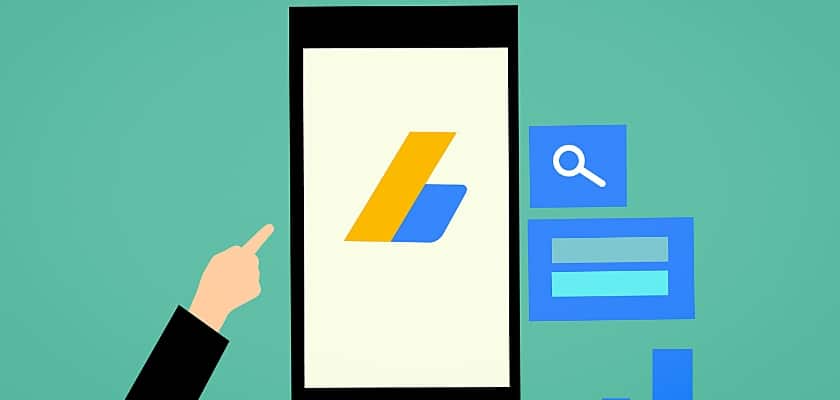 Immagine vettoriale di una mano da uomo che indica il logo di Google Adsense sullo schermo dello smartphone